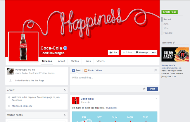 「Happiness」と書かれたバナーを表示したCoca-ColaのFacebookページ